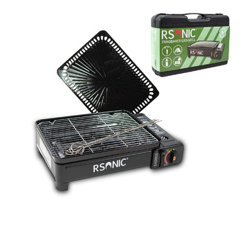 Портативний газовий гриль Rsonic на бутані з решіткою для гриля та пластиною для гриля, включаючи футляр для перенесення, кемпінговий гриль, картриджний гриль, портативний, чорний, безкоштовний освіжувач повітря Clearfee