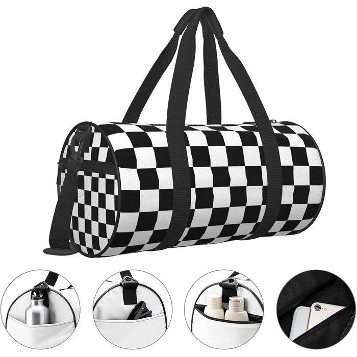 Спортивна сумка в шаховий візерунок, чорно-біла, для фітнесу та спорту, велика дорожня сумка, сумка для вихідних для чоловіків та жінок