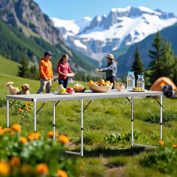 Складаний кемпінговий стіл 180x60x70см, регульована висота 54/61/70см, розкладний стіл з алюмінієвим каркасом та стільницею з МДФ, портативний багатофункціональний стіл, фуршетний стіл, кемпінговий стіл, садовий стіл, складаний