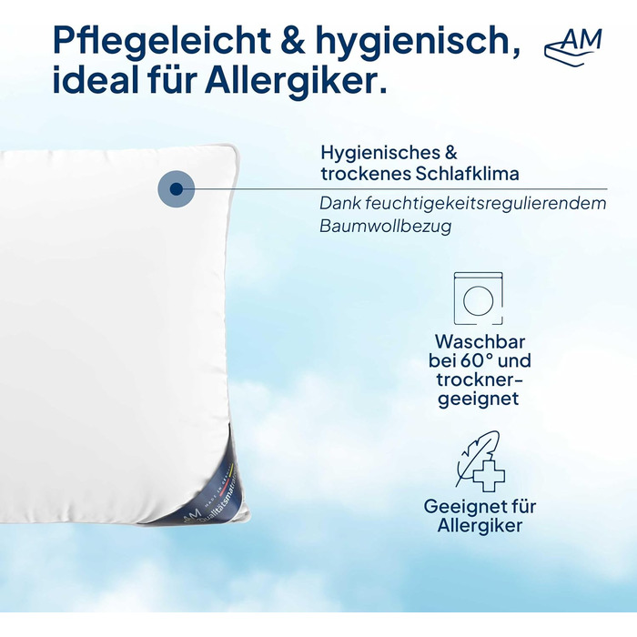 Пухова подушка 80x80 - Зроблено в Німеччині, 3-камерна подушка 80x80 см - зовнішня камера зі 100 пуху - пір&39яна подушка 80 x 80 см, підходить для алергіків - подушка 80x80, наповнювач з пуху та пера, 80 x 80 см