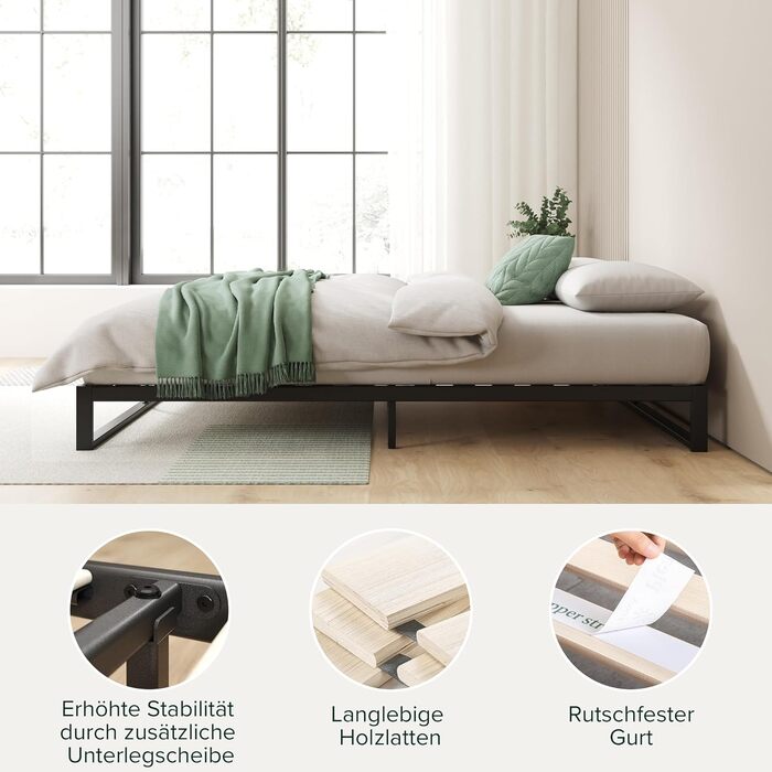 Ліжко Zinus Trisha каркас 140x200 см - 15 см низький профіль - металеве ліжко 140x200 з дерев&39яною рейковою основою - екологічно чиста упаковка та легке складання - чорний 140 x 200 см мінімалістичний