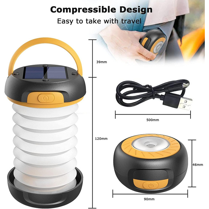 Світлодіодний ліхтар для кемпінгу, складаний сонячний кемпінговий ліхтар, портативний зарядний пристрій з 2 способами зарядки (сонячний/USB) та 3 режимами освітлення для кемпінгу, риболовлі та надзвичайних ситуацій - включає браслет для виживання зі свист