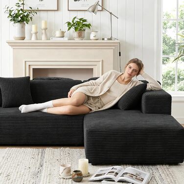 Кутовий диван з 3 подушками для шиї, диван Cloud Boneless з боковим відділенням та підсклянником, вельветовий L-подібний розкладний диван, глибоке сидіння, диван з правим шезлонгом, для вітальні, чорний Нековзка основа