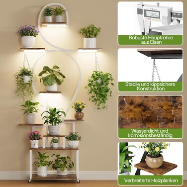 Підставка для рослин HAUSPROFI 190 см з лампою для вирощування - 9-ярусна металева та дерев&39яна підставка для квітів, полиця для рослин, квіткові драбини для приміщень та вулиці, декоративна полиця для саду, біла