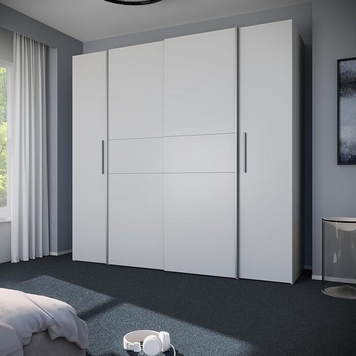 Шафа 200, сучасна шафа з розсувними/відкидними дверима, 4 двері, полиці, вішалки для одягу, дерев&39яний композит, білий, 200,1 см завширшки x 190,5 см заввишки x 61,2 см завглибшки, білий, без шухляд