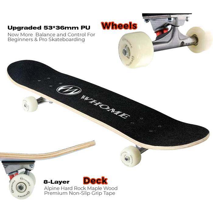 Скейтборд комплект WHOME Pro для дорослих і дітей, хлопчиків та дівчаток, початківців і професіоналів - 31x8 дюймів, 8-шарова дека з альпійського клена, підшипники ABEC-9, з T-Tool, Urban стиль