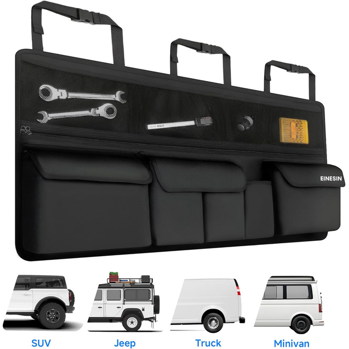 Органайзер для багажника автомобіля, багатофункціональна сумка для зберігання речей з сітчастими кишенями, 9 кишень, чорний, 105x52 см