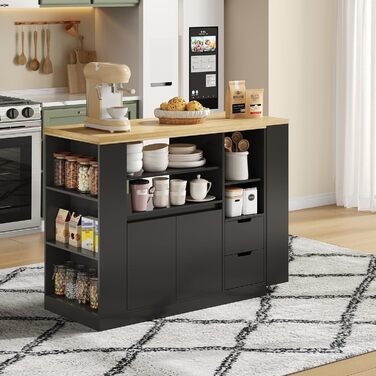 Барний стіл з місцем для зберігання, кухонний острів з висувною стільницею та функцією повороту на 360, рухомий бічний столик з тристоронніми полицями та 2 шухлядами, кавова барна стійка, чорний, 115x50x92 см A-чорнийнатуральний