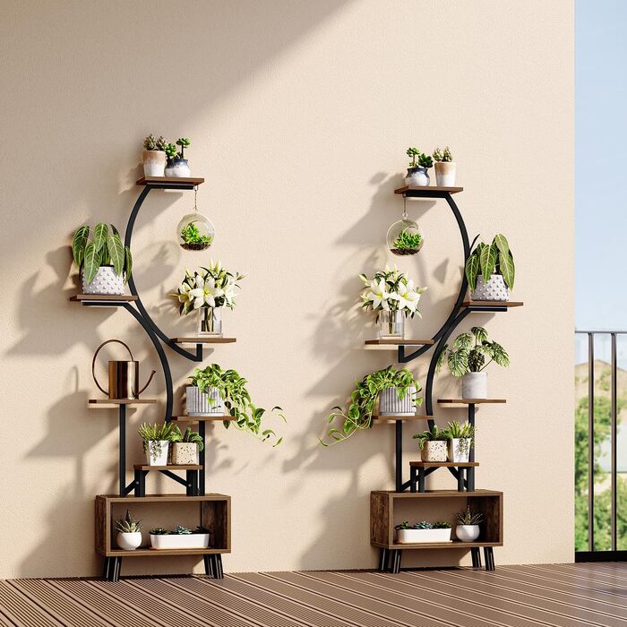 Підставка для рослин з лампою для вирощування, 160 см, підставка для квітів з дерева та металу зі світлодіодною лампою для вирощування, 7-рівнева металева полиця для рослин на ніжках для використання на вулиці та в приміщенні, вітальня, балкон, спальня.