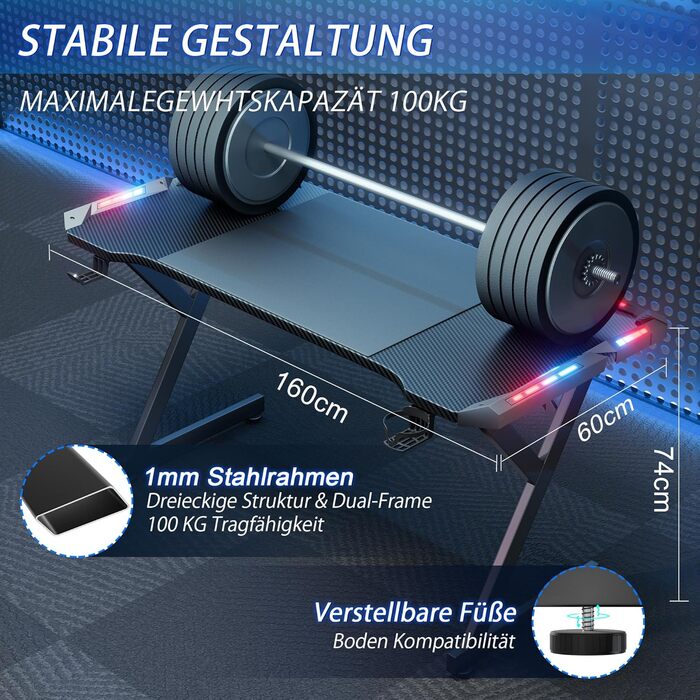 Ігровий стіл Storeo Imp, 160 x 60 см, МДФ / сталь / вуглецеве волокно, чорний