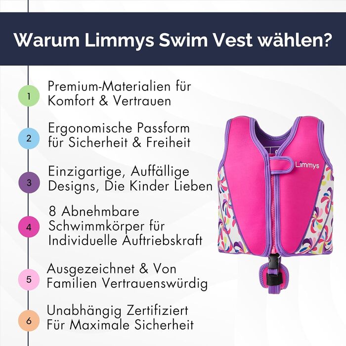 Дитячий рятувальний жилет Limmy&39s плавальний засіб з регульованою плавучістю, сертифікований CE, переможець тестів на Vergleich.de, мякий неопреновий комфорт, безпечна та міцна конструкція, з сумкою для перенесення, розмір S, рожевий леопардовий принт
