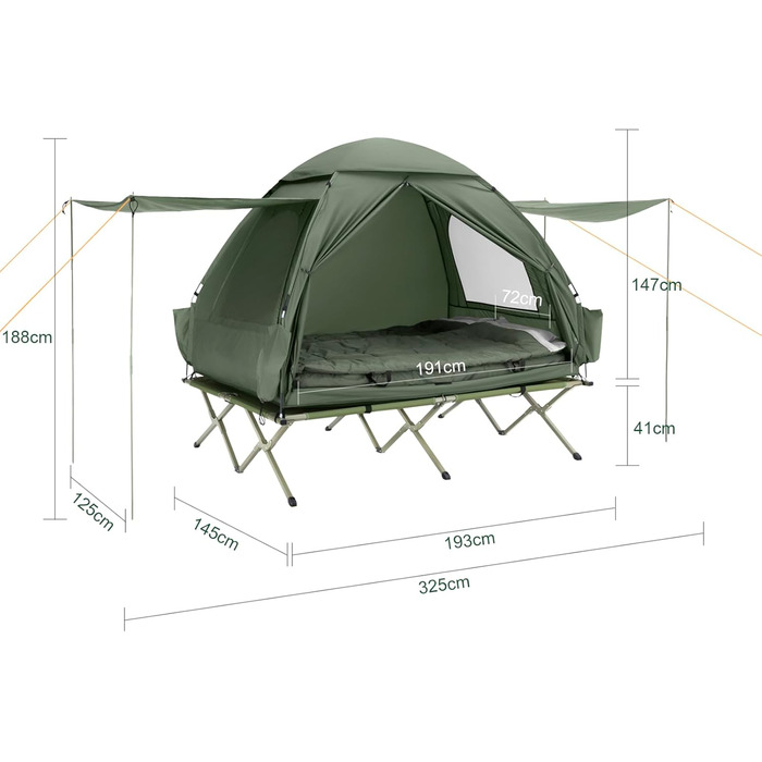 Розкладне ліжко SoBuy з тентом, 2 особи, 7-в-1 розкладний намет з повітряним насосом, мішок на колесах, спальний мішок, тент, водонепроникне кемпінгове ліжко, шезлонг для кемпінгу на відкритому повітрі, сімейний намет, зелений, 193x188x145 см, до 180 кг, 