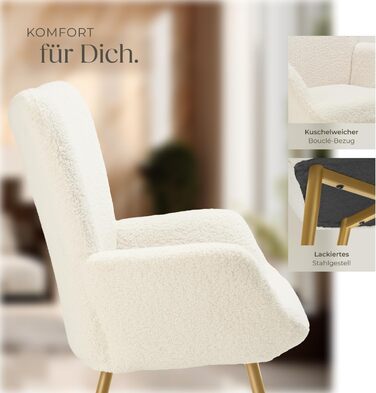 Крісло tectake у скандинавському стилі з крильцями, крісло Teddy Hygge, вельветове крісло для вітальні, спальні, їдальні, вишукане крісло-гостина, вантажопідйомність до 150 кг - букле кремовий/золотий без пуфа букле кремовий/золотий