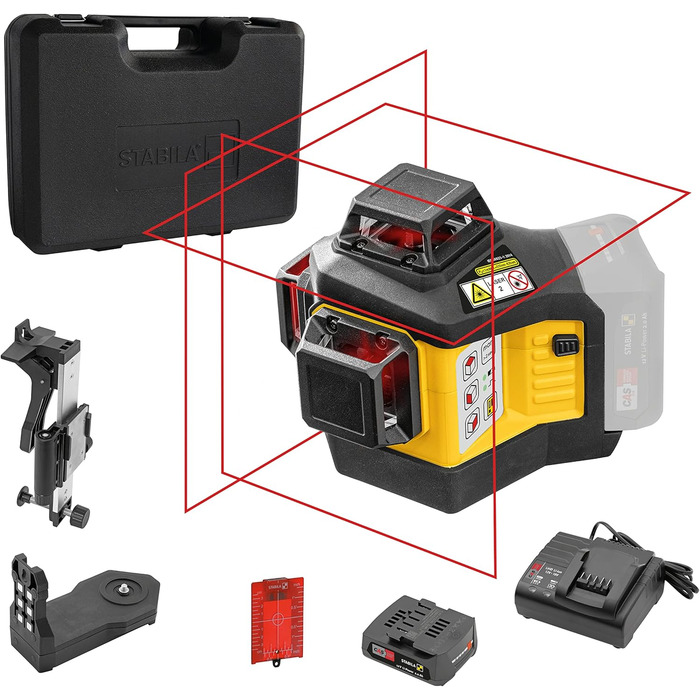 В системний поперечний лазер LAX 600, самовирівнюється, 3 x 360 червоні лазерні лінії, макс. дальність 30 м, акумуляторна батарея CAS і зарядний пристрій (ЄС), універсальний настінний кронштейн, кейс для перенесення, 19793, жовтий, 7 частин, з акумуляторн