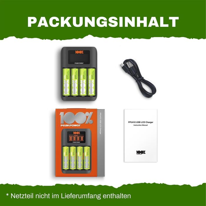 Швидкий зарядний пристрій PeakPower преміум-класу для акумуляторів AA AAA, NiMH з окремим слотом для заряджання та РК-дисплеєм, акумуляторний зарядний пристрій з 4 батарейками типу AA 4 батарейками типу AA