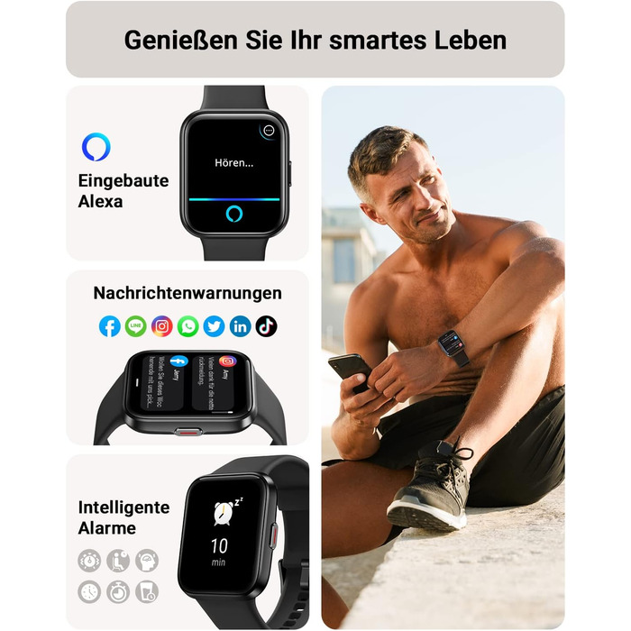 Розумний годинник Tensky для чоловіків з функцією телефону, жіночий розумний годинник 1,85 дюйма з Alexa, вбудована водонепроникність 3 атм, 110 спортивних режимів, крокомір, монітор серцевого ритму, монітор сну, фітнес-годинник SpO2, акумулятор 350 мАг д