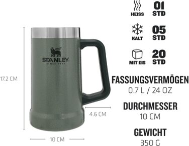 Термокухоль Stanley Adventure Vacuum Stein 709 мл з ручкою зберігає пиво холодним протягом 7 годин - Термокухоль у вінтажному стилі - Можна мити в посудомийній машині - Зелений колір Hammertone