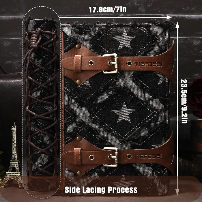 Джинсовий щоденник TIEFOSSI для жінок та чоловіків вінтажний блокнот зі штучної шкіри з механізмом на 6 кілець, лінійкою для коледжу, з можливістю поповнення та внутрішніми кишенями (17,8 x 23,5 см) чорного кольору