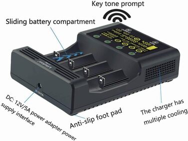 Зарядний пристрій для акумуляторів 18650 LiitoKala Lii-600 із сенсорним РК-дисплеєм, зарядний пристрій для акумуляторів типу АА з 4 відсіками, включаючи адаптер 12V5A для Li-Ion/Ni-MH/Ni-Cd 14500 21700 AA AAA тощо.