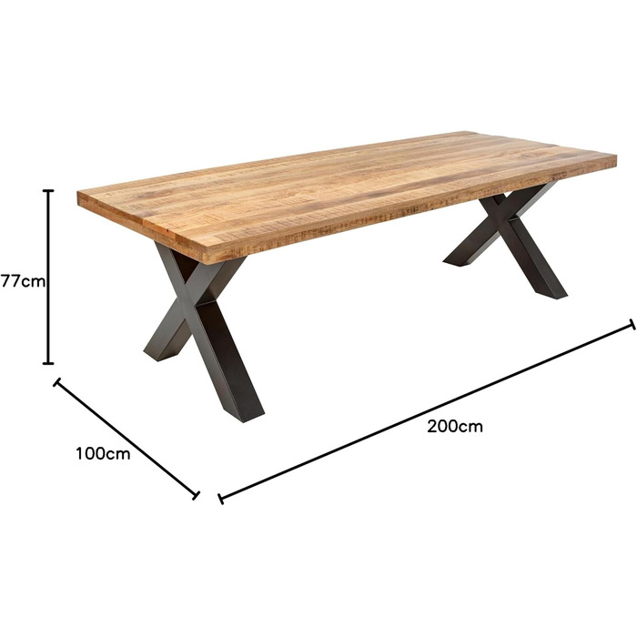 Обідній стіл Riess Ambiente з масиву дерева, Iron Craft 200 см, мангове дерево, промисловий дизайн, з X-подібними ніжками, кухонний стіл, конференційний стіл 200 см