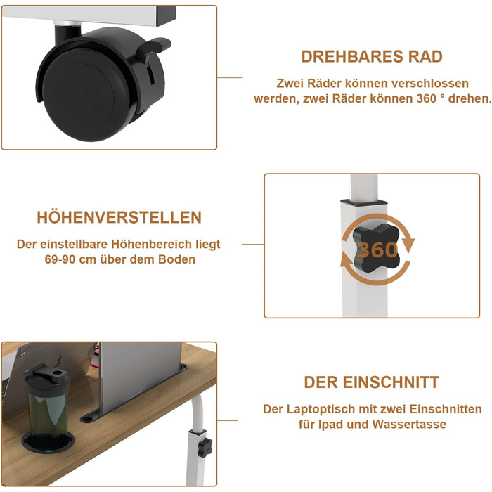 Стіл для ноутбука 60x40 см, стіл з регульованою висотою, комп&39ютерний стіл, мобільний стіл для ноутбука з поворотними колесами, слотом для карток та підставкою для чашок для спальні, офісу (колір дерева)