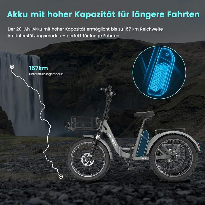 Складаний електровелосипед MOONCOOL, 20-дюймовий електровелосипед для чоловіків та жінок з акумулятором 36 В 20 Аг, двигуном 250 Вт, РК-дисплеєм, швидкістю 25 км/год, запасом ходу 167 км, IP65, 45 м/год електровелосипед з великими кошиками, сланцево-сірий