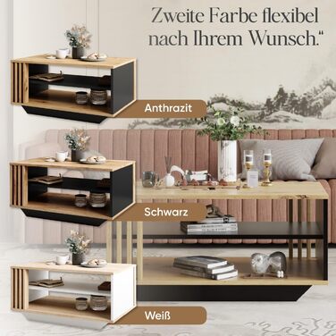 Журнальний столик Viosimc, стіл для вітальні з сучасними ламелями, сучасний та стильний прямокутний журнальний столик з полицею, стильне доповнення до будь-якої вітальні дуб Artisan та антрацит Artisan Anthracite