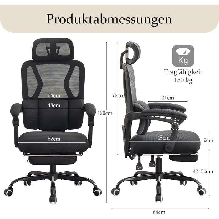 Ергономічне офісне крісло UEV з підставкою для ніг, чорне, крісло для домашнього офісу, обертове крісло, письмове крісло, нахил до 135, регулювання висоти, вантажопідйомність до 150 кг, повітропроникна тканина, для домашнього офісу