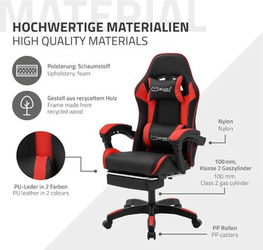 Ігрове крісло ML-Design з підставкою для ніг, червоне, штучна шкіра, ергономічне офісне крісло з підлокітниками, підголівником, поперековою опорою, регульоване поворотне крісло, гоночне ігрове крісло, стілець для офісу, поворотне крісло