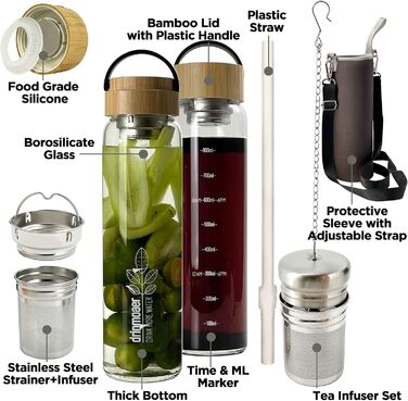 Скляна пляшка для пиття об&39ємом 1 літр з бамбуковою кришкою та рукавом для розсипного чаю, холодної кави, пляшки для чаю з заварювальним контейнером, скляної пляшки для води 1 л (оригінальна)