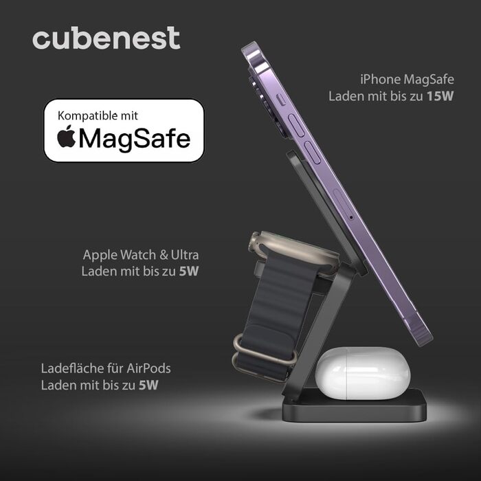 Складаний алюмінієвий бездротовий зарядний пристрій Cubenest 3в1 Сумісний з Magsafe, бездротовий зарядний пристрій для iPhone 12/1