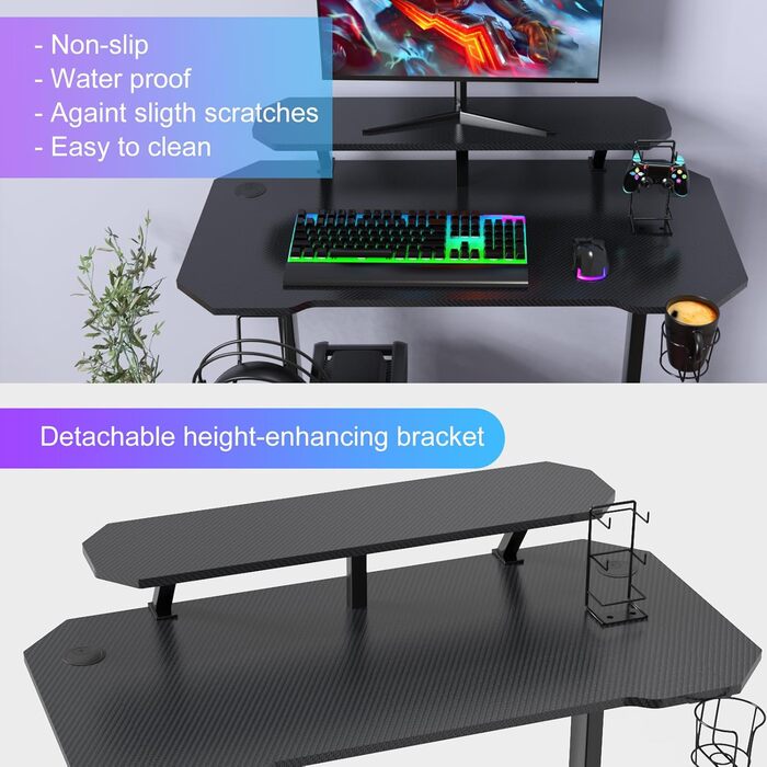 Ігровий стіл з підставкою для монітора, Т-подібний стіл, чорний, ергономічний комп&39ютерний стіл, покриття з вуглецевого волокна, ігровий ПК, тримач для напоїв, підставка для геймпада, тримач для навушників, 100x54x74 см
