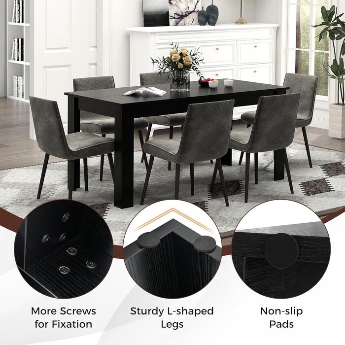 Обідній стіл GIANTEX для 6-8 осіб, 160 x 80 x 77 см, великий прямокутний дерев&39яний стіл, портативний кухонний стіл (до 150 кг), сучасний обідній стіл, письмовий стіл для їдальні, кухні, офісу (чорний)