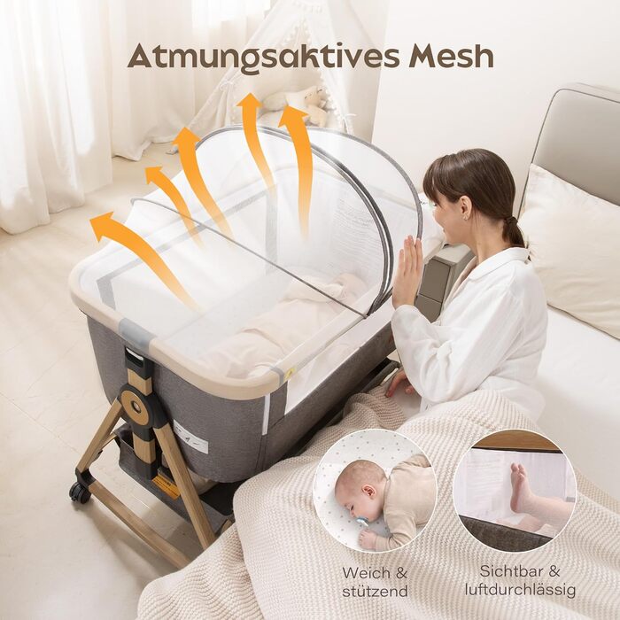 Дитяче ліжечко Maydolly 3-в-1 Універсальне ліжечко, дорожнє ліжечко та колиска, включаючи матрац та москітну сітку Регульована висота за допомогою коліщаток, складається та з сумкою для перенесення Сірий/сірий