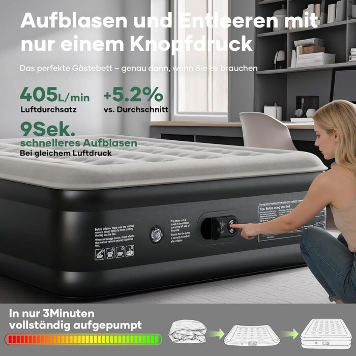 Самонадувальний надувний матрац OlarHike, гостьове ліжко, надувний матрац, намет-диван, двомісний надувний матрац, самонадувальний надувний матрац для кемпінгу або домашнього використання - 200 x 140 x 50 см комфортна висота 50 см чорний, компактний, 2 ос