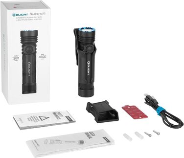 Світлодіодний ліхтарик OLIGHT Seeker 4 Pro з кобурою, 4600 люменів, 260 метрів, акумуляторна лампа USB-C, 15 днів роботи від батареї, портативний ручний ліхтарик для щоденного використання, для використання на вулиці (чорний, холодно-білий)