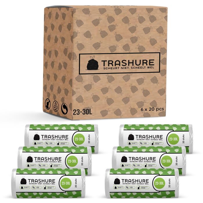 Сміттєві пакети - 23/30 л - Підходять для сміттєвих баків Brabantia Код G - 6 рулонів по 20 пакетів - 23-30 літрів із застібкою на шнурку