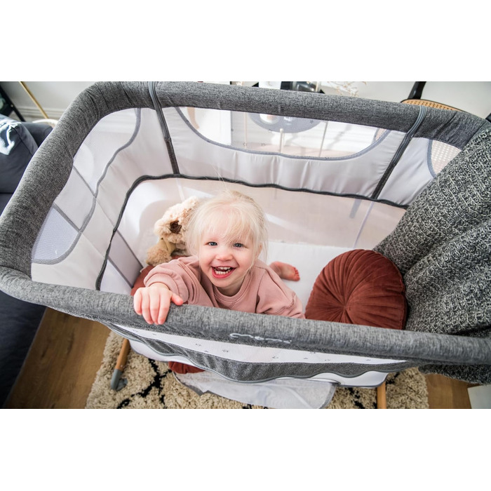 Дитяче ліжечко Momi SMART Bed 4-в-1 до 15 кг, приліжкове ліжечко для немовлят з матрацом, регульована висота, сірого кольору, одномісне