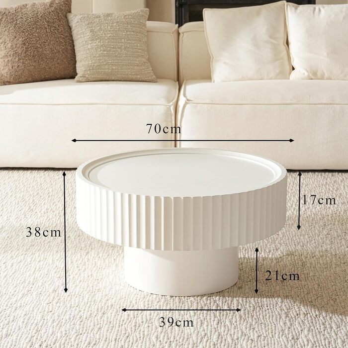 Круглий журнальний столик, круглий стіл для вітальні з ребристим дизайном, журнальний столик у формі гриба розміром 7038 см, журнальний столик з білої сосни для вітальні, спальні та балкону (білий)