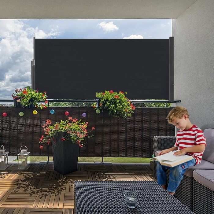 Розсувна бічна маркіза, екран для забезпечення конфіденційності, сонцезахисний козирок, вітрозахисна, водостійка поліестерова бічна рулонна штора з алюмінієвого настінного кронштейна для патіо, балкона, забезпечення конфіденційності (100x300 см, антрацит)