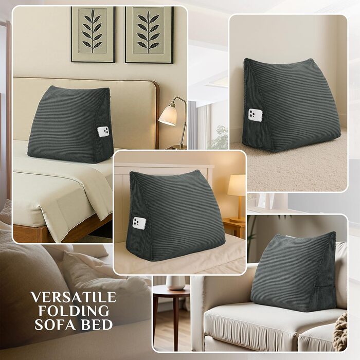 Вельветова клиноподібна подушка - трикутна спинка для ліжка та дивана, подушка для читання, ергономічна спинка, знімна, чохол, який можна прати (темно-сірий, 45 x 35 x 20 см) Темно-сірий 45x35x20 см