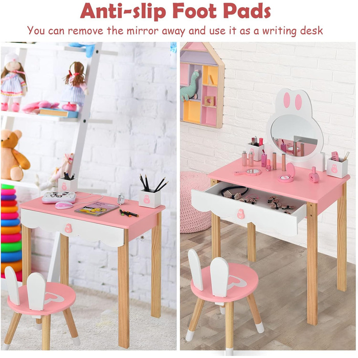 Дитячий туалетний столик LIFEZEAL 2 в 1, дитячий косметичний столик зі знімним дзеркалом і табуреткою, туалетний столик для дівчат