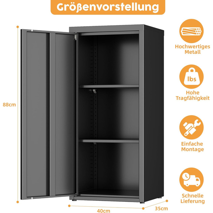 Металева шафа для документів з одними дверима, 88x40x35 см, 2 полиці з регульованою висотою, міцна металева шафка для документів, файлів та офісного приладдя (чорна)