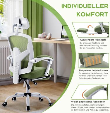 Ергономічне офісне крісло DUMOS - стілець зі зручними підлокітниками, оснащений зручною поперековою опорою та підставкою для ніг, підходить для дому та офісу (зелений)
