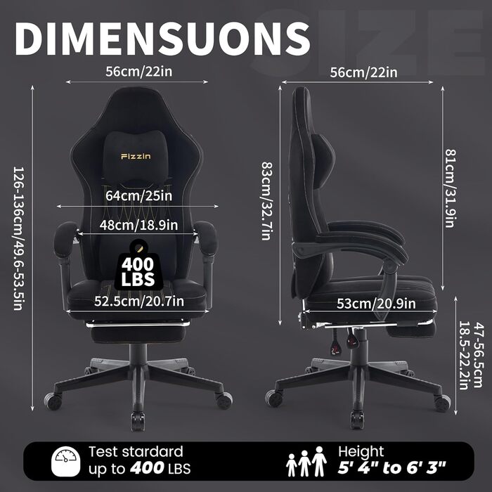 Ігрове крісло Fizzin, ергономічне ігрове крісло з висувною підставкою для ніг, регульованим підголівником, поперековою опорою (чорне)