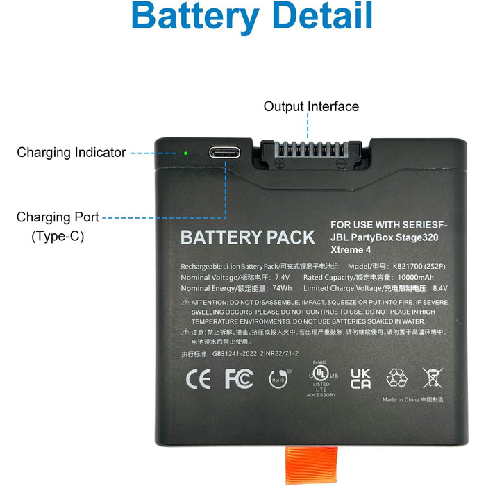 Запасний акумулятор SLODA для портативної колонки JBL PartyBox Stage320 Xtreme 4, акумуляторний (7,4 В 10000 мАг)