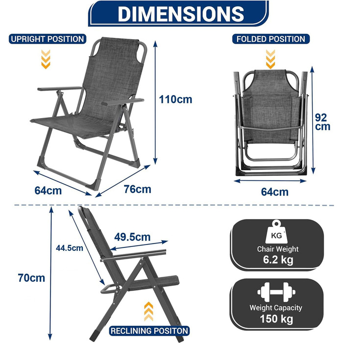 Балконні стільці UDPATIO Набір з 2 садових стільців штабельований складний, регульована спинка в 10 напрямках з підлокітником, вантажопідйомність 120 кг (2, сірий) 2 сірих