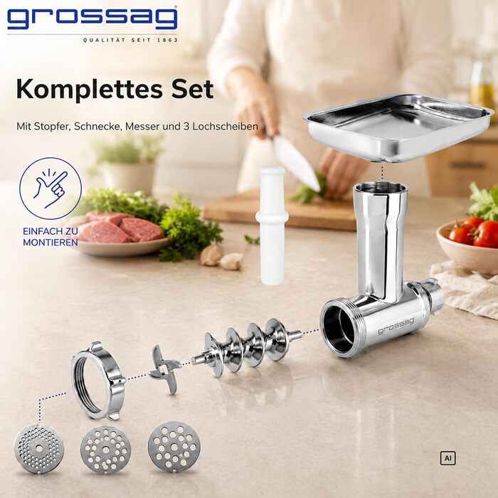 Насадка-м'ясорубка grossag для KitchenAid з нержавіючої сталі, 3 перфораційні решітки, KFW 500