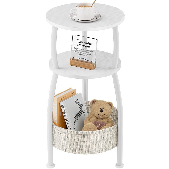 Круглий приставний столик, 3-ярусний круглий маленький столик, маленький журнальний столик, тумбочка біля ліжка, з тканинною кишенею, столик для вітальні, тканинний кошик, диванний столик для декору кімнати, дерево, метал, сучасний (білий)