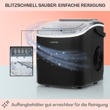 Машина для кубиків льоду Klarstein для домашнього кемпінгу Gastro, швидка міні-машина для кубиків льоду маленька, професійна льодогенератор для великих і маленьких кубиків льоду, самоочищення, резервуар для води 1,3 л, 12 кг льоду за 24 години чорний